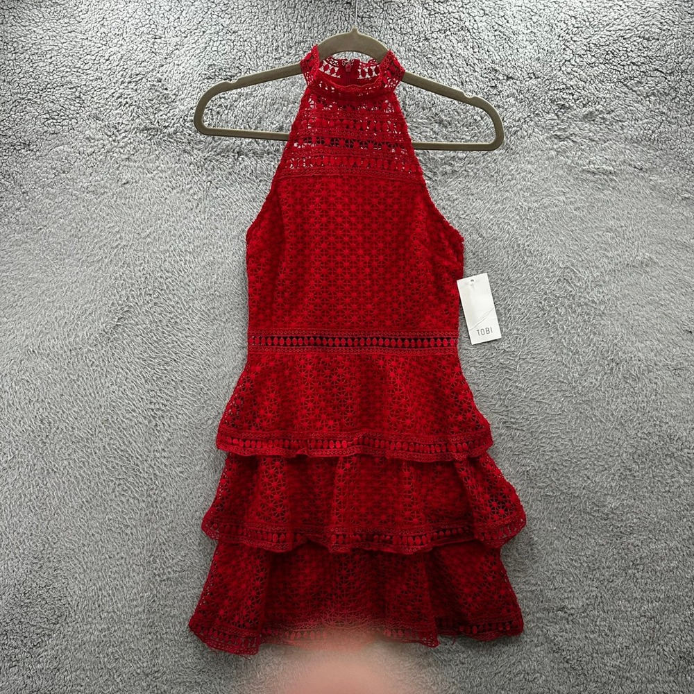 NWT Tobi Women's XS Red Lace Halter Mini Dress Tiered Ruffle Cocktail Party